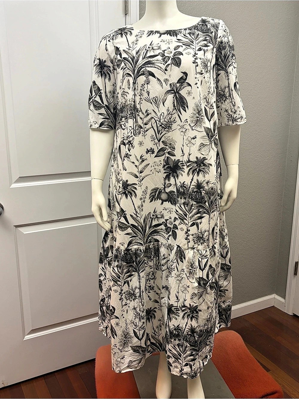 Marina Rinaldi Botanical Print Cotton Maxi Dress in White & Black Like New Size